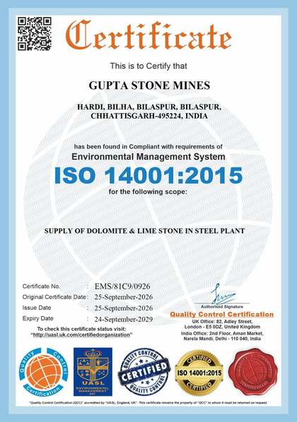 ISO 14001:2015 Environmental Management System certificate - Gupta Stone Mines