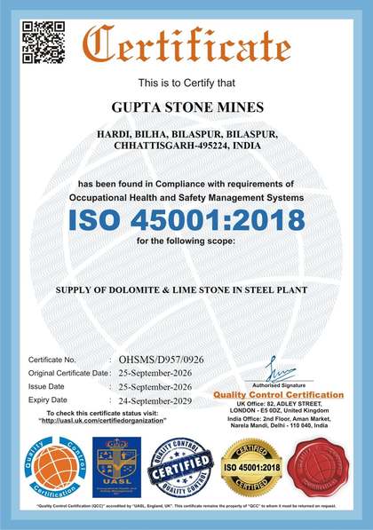ISO 45001:2018 Occupational Health and Safety Management System certificate - Gupta Stone Mines